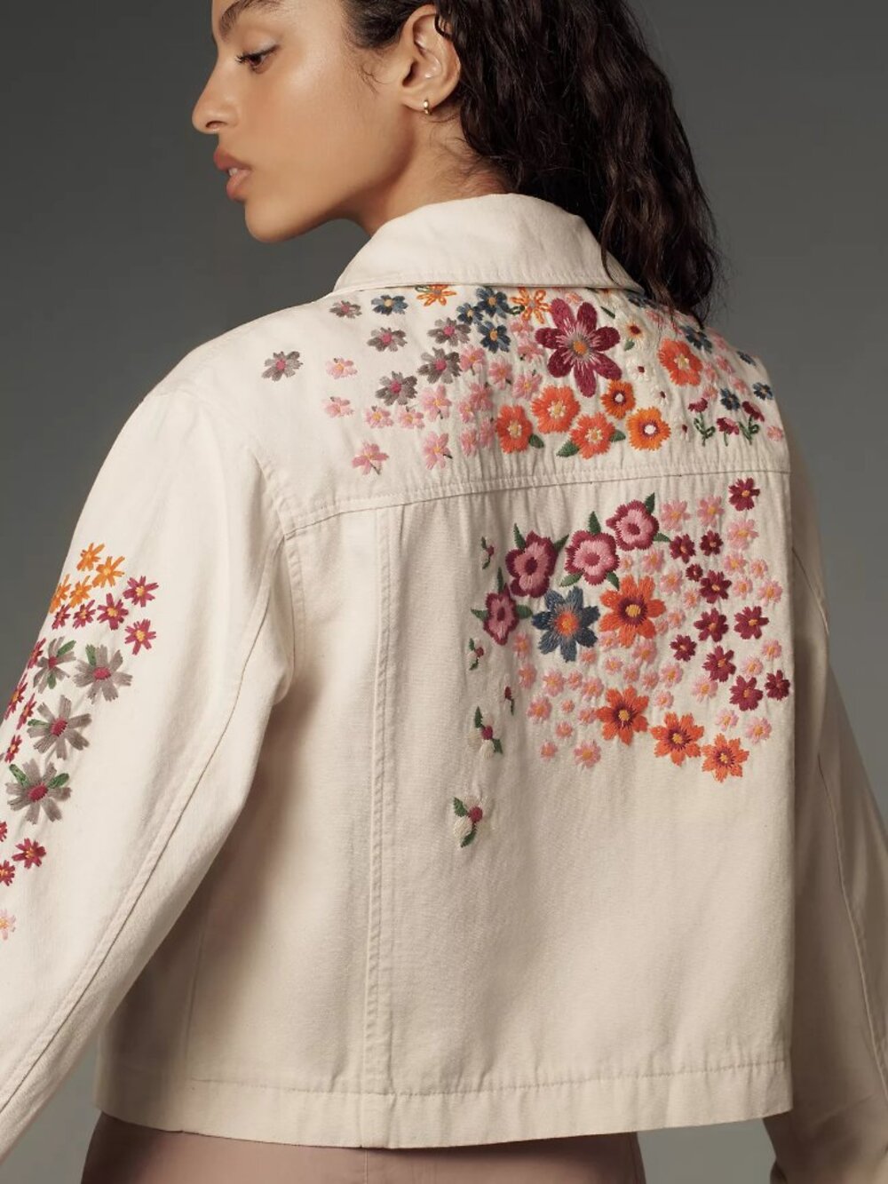 Anthropologie DOLAN Floral Embroidered Jacket, Cream, Size Small